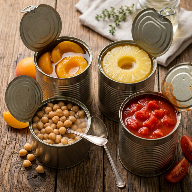 Variety of export-grade canned vegetables, fruits, and ready-to-eat foods