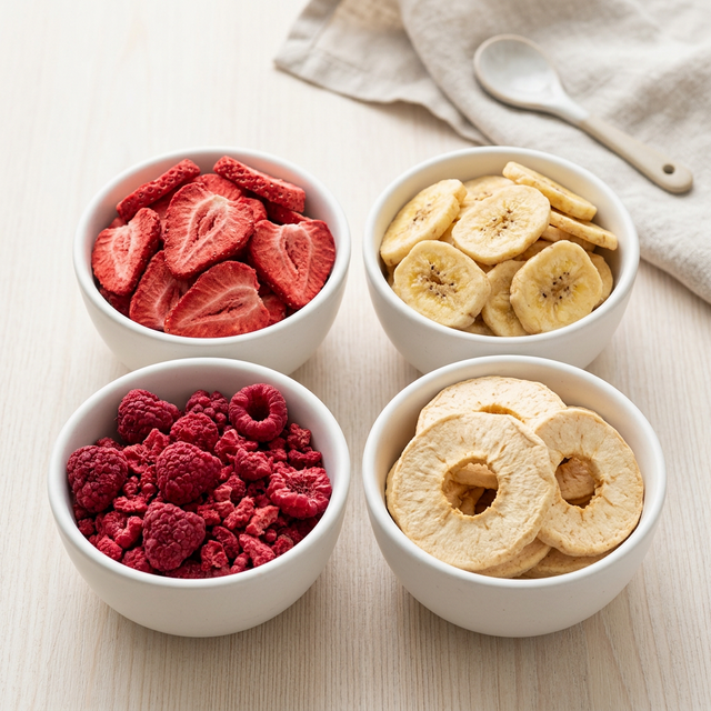 Freeze-dried strawberries, mango slices, and mixed fruit pieces