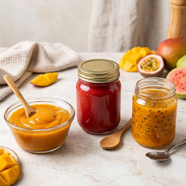 Aseptic mango pulp, tomato puree, and fruit concentrate in retort pouches